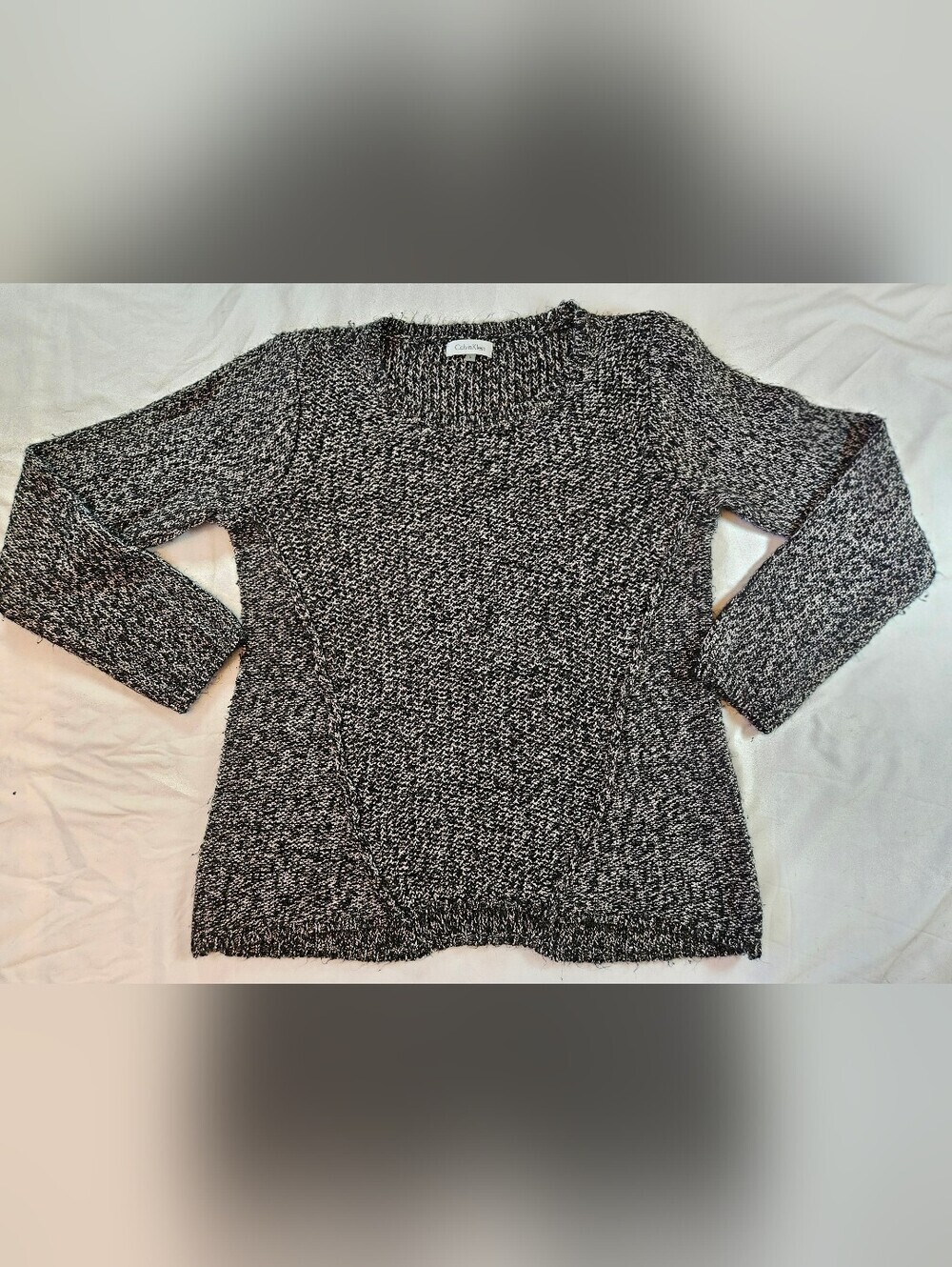 Calvin Klein Womens Black & White Marled Knit Long Sleeve Sweater Size Large